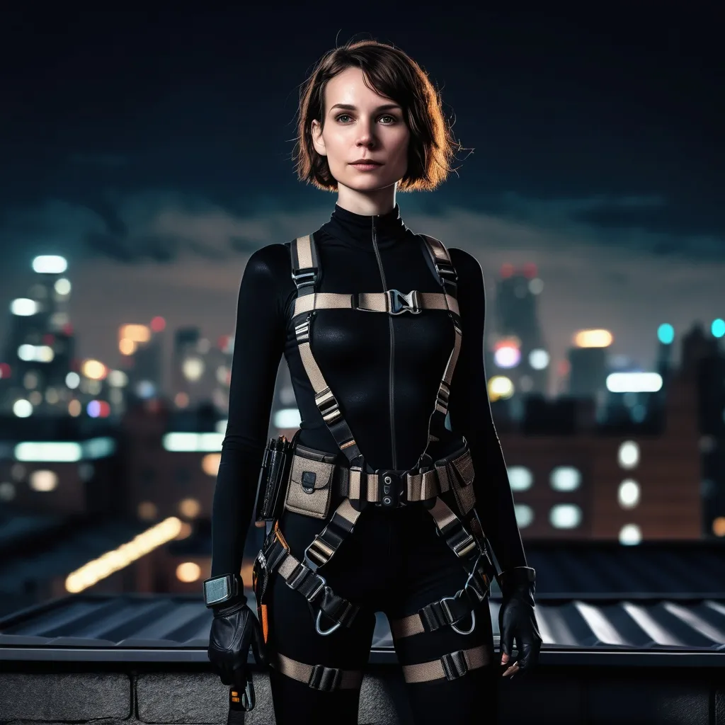 Prompt: A slender young woman with short brown hair and high cheekbones stands on a rooftop at night, wearing a black body suit, utility belt with thief tools, and a climbing harness. Detailed textures on her suit and harness, with subtle glow on her utility belt. City lights shining in the background. High contrast, cinematic lighting, 8k resolution, highly detailed, atmospheric, mystical, high-tech gadgetry, intricate details. She is a notorious sneak thief and daughter of the Pink Panther.