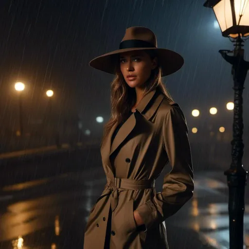 Prompt: <mymodel> is a hardboiled detective in a trenchcoat and fedora. She is standing under a street lamp on a rainy night.