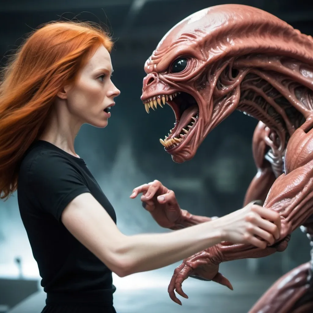 Prompt: thin redhead woman fighting alien monster