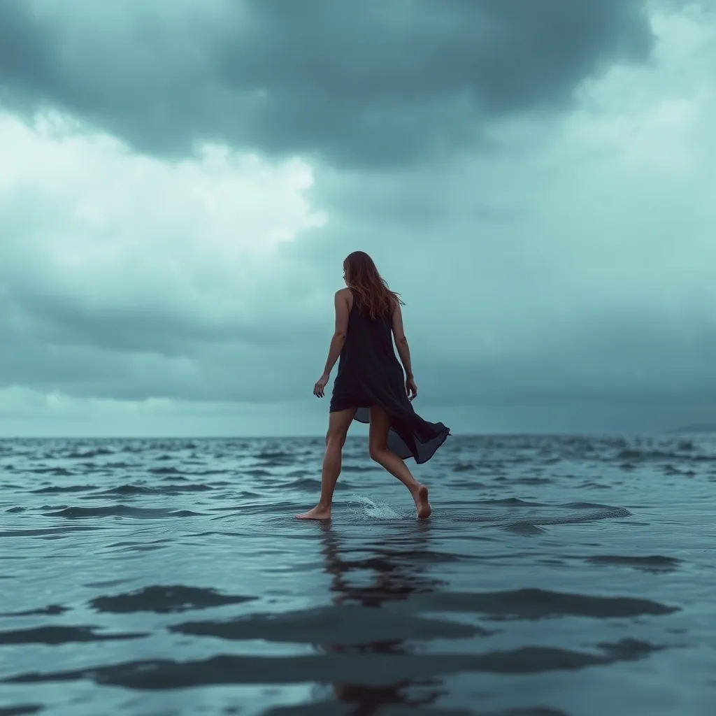 Prompt: She is walking barefoot on the water's surface under a stormy sky.