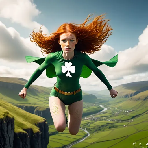 Prompt: She is a slender young woman with wild red hair and lots of freckles all over her body. She is superhero Irish Spring. She has a silhoutte of a shamrock on her chest. She is flying through the sky, high above the green valleys of Ireland.