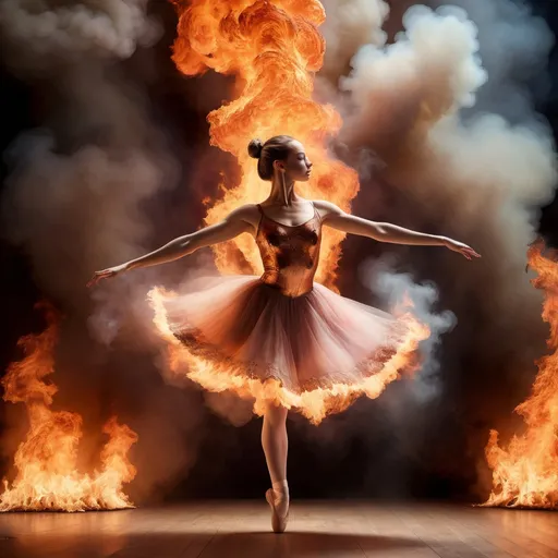 Prompt: She is a ballerina dancing on a stage that is on fire, in a theatre that is burning to the ground. The entire image is full of fire and smoke. She dances, unconcerned, leaping through fire across the stage.