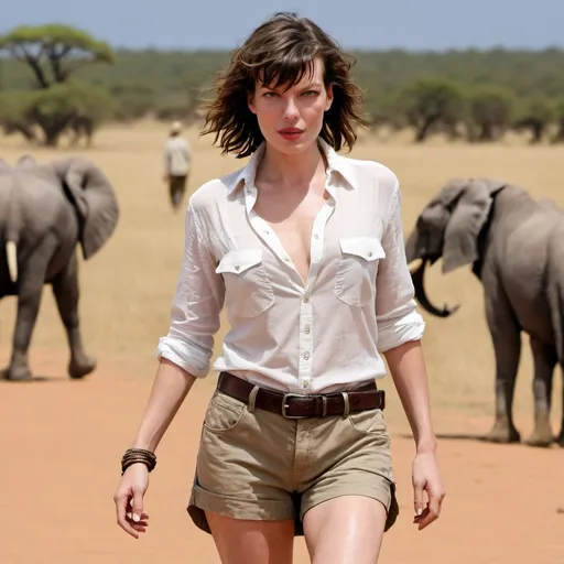 Prompt: milla jovovich on safari, unbuttoned shirt, boots, shorts