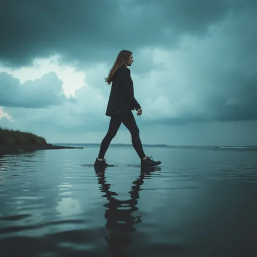 Prompt: She is walking on the water's surface under a stormy sky.