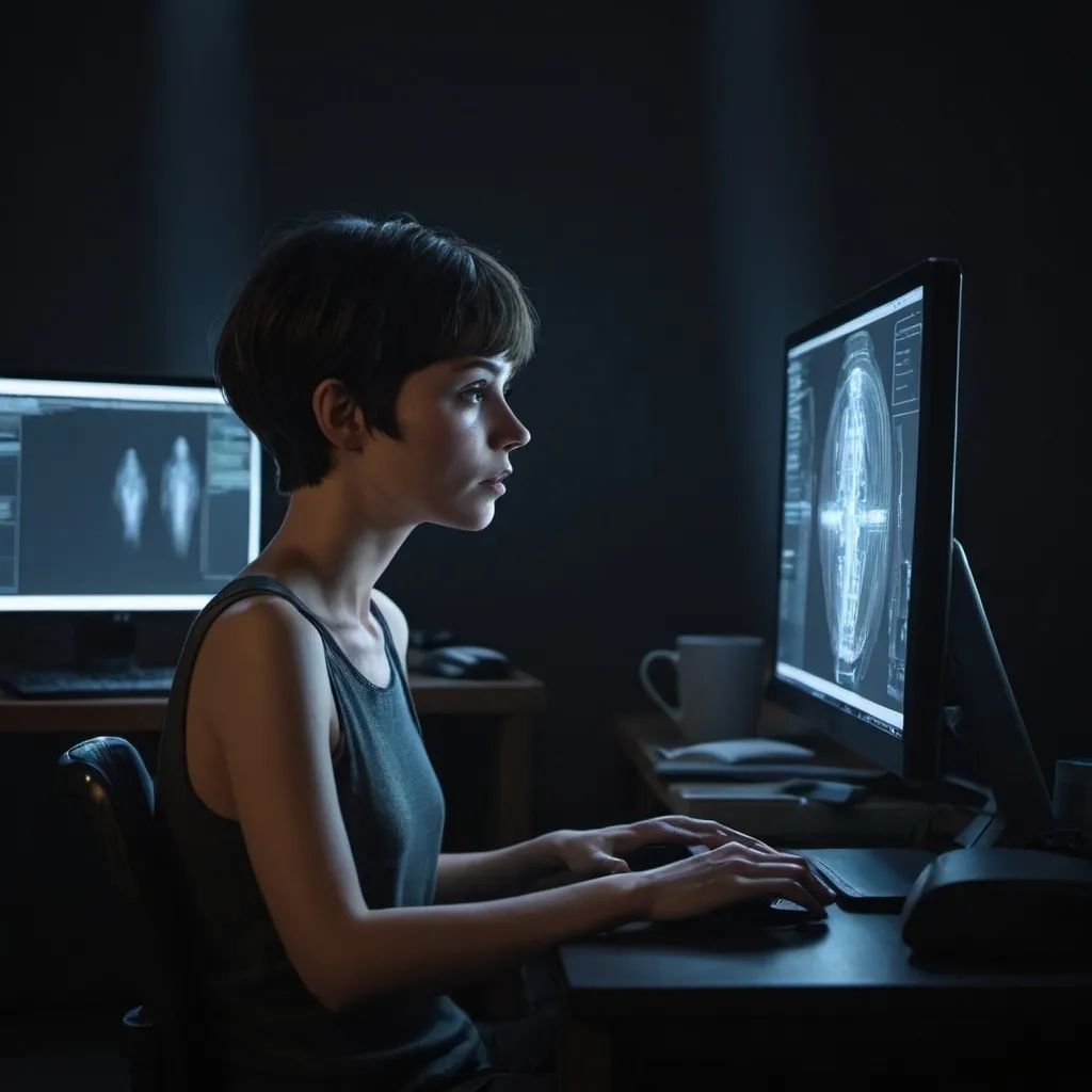 Prompt: a person with short hair sits in front of a computer in a dark room, the only light coming from the monitor. It's hard to tell if the person is a male or female. There is a mysterious air about the scene. He or she is generating AI art.