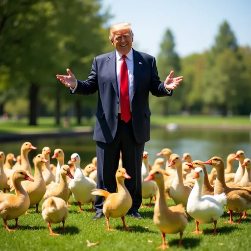 Prompt: @HIk9VRTPbmppoWfrBfgf is Donald Trump who is surrounded by dozens of ducks.