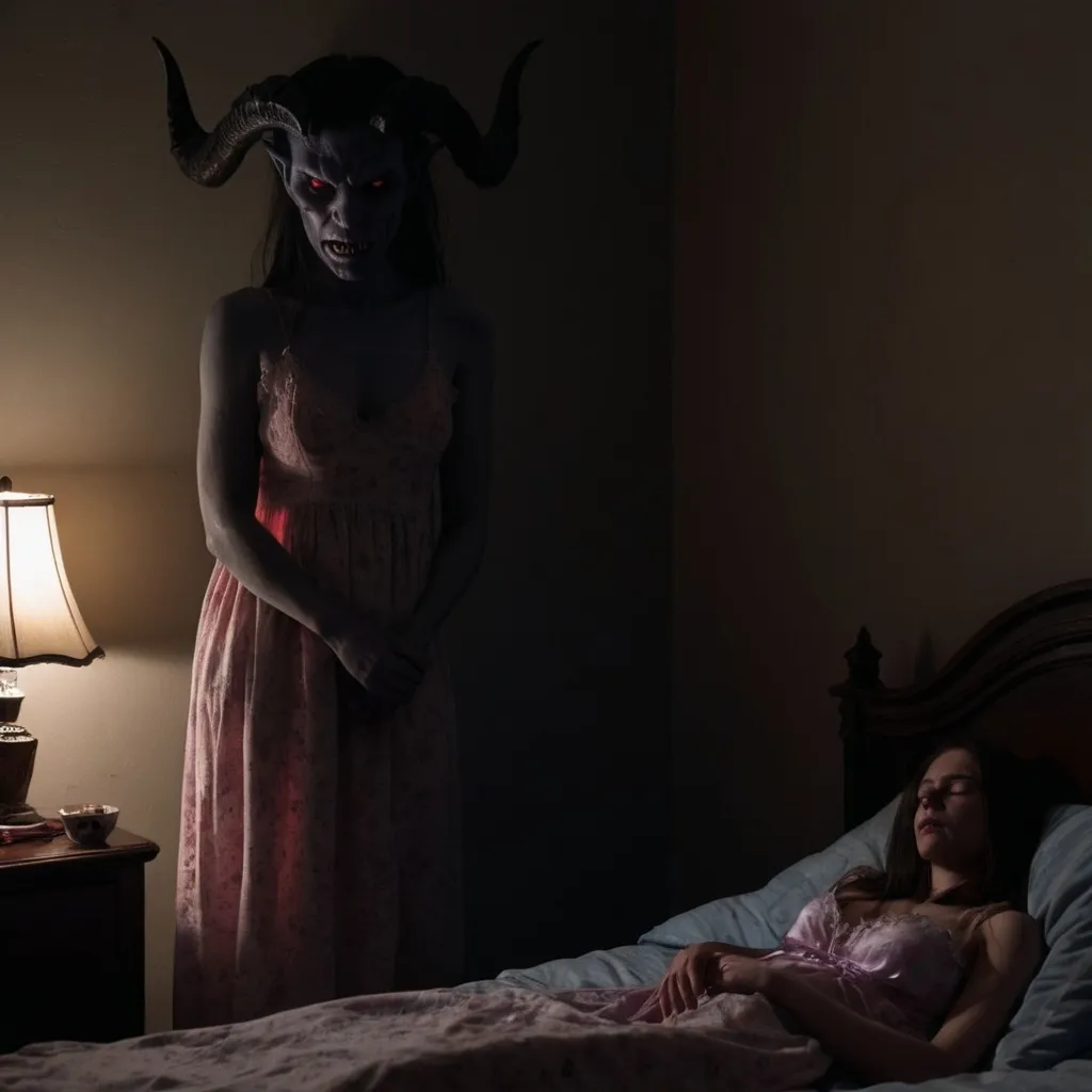 Prompt: A demon watches a young woman in a nightie sleep in a darkened bedroom.