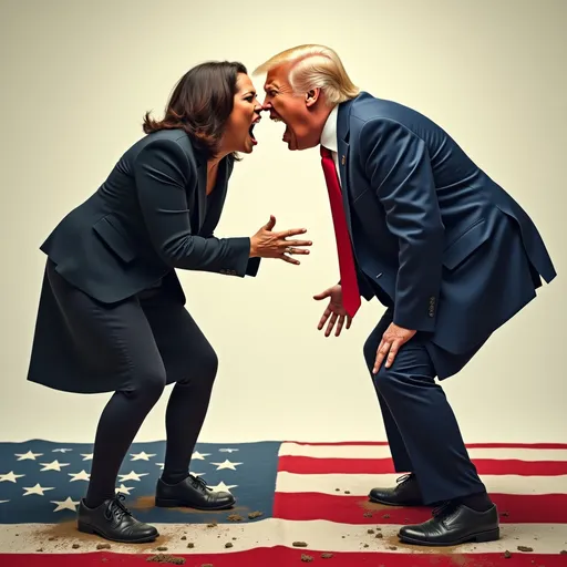 Prompt: Kamala Harris and Donald Trump are screaming angrily in each other's faces, as the stand on an American flag with muddy shoes.