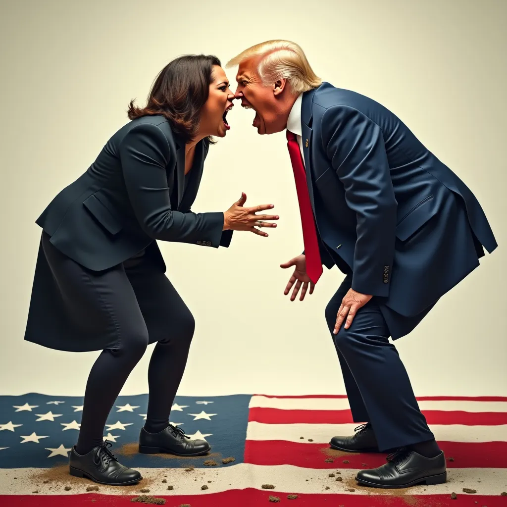 Prompt: Kamala Harris and Donald Trump are screaming angrily in each other's faces, as the stand on an American flag with muddy shoes.