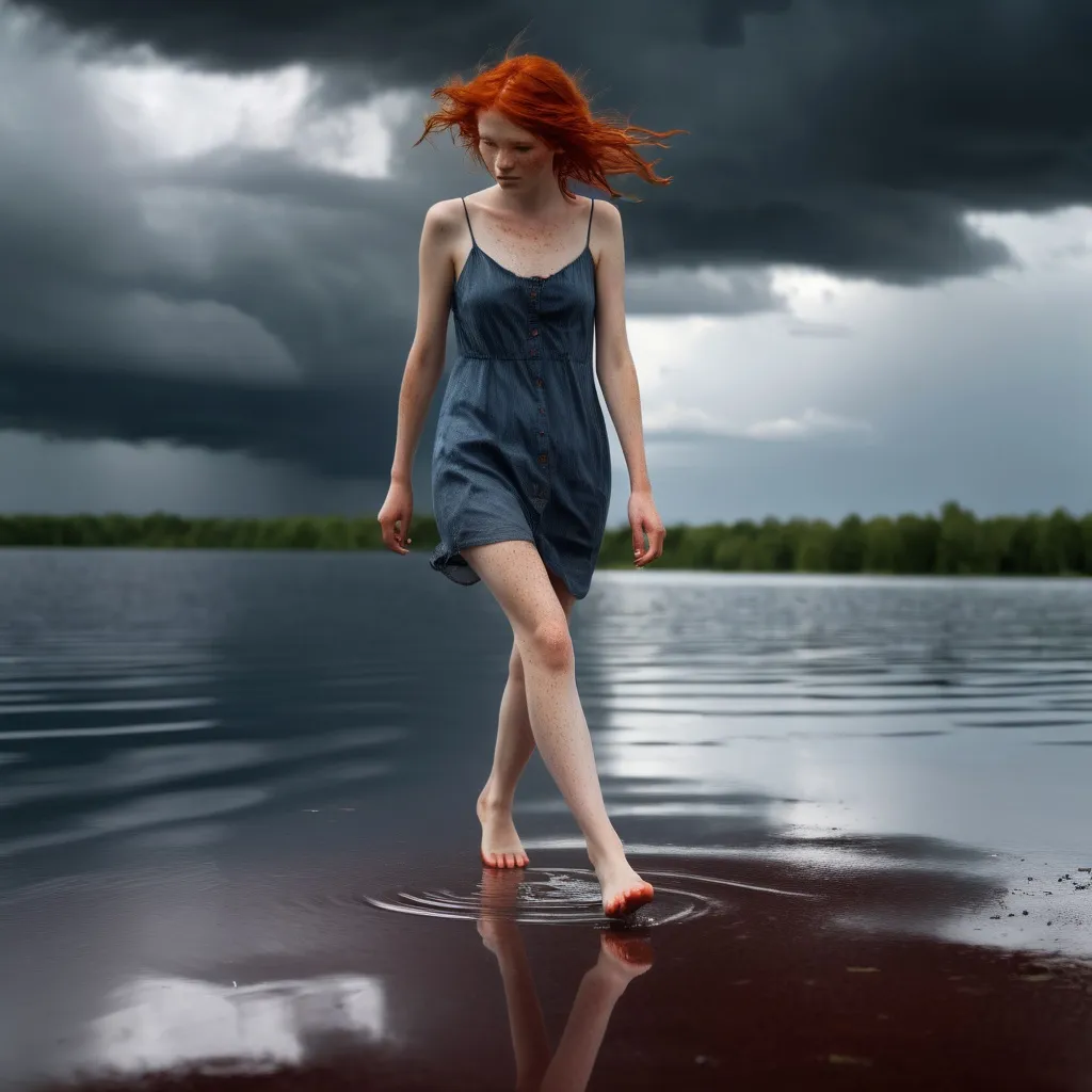 Prompt: She is a slender young woman with wild red hair and lots of freckles. She is walking barefoot on the lake's surface under a stormy sky.