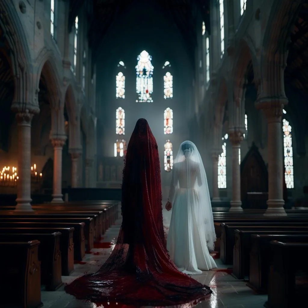 Prompt: <mymodel>woman in a veil and a  blood-spattered wedding gown stands in a darkened gothic church with a demonic priest. Dark and mysterious atmosphere.