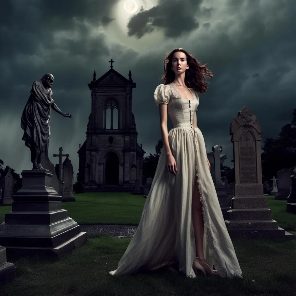 Prompt: <mymodel> young woman, in a high slit evening gown with a lace front and a collar, waltzes with werewolf in a churchyard under the full moon and storm clouds.