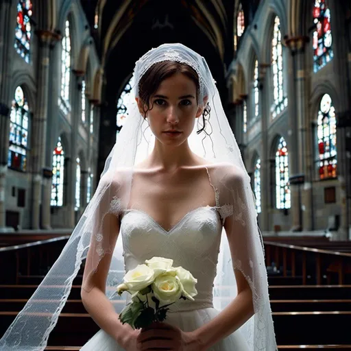 Prompt: <mymodel>woman in a veil and a white blood-spattered wedding gown stands in a darkened gothic church. Dark and mysterious atmosphere.