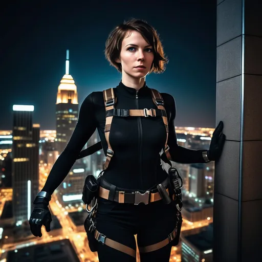 Prompt: A slender young woman with short brown hair and high cheekbonesis climbing a skyscraper at night, wearing a black body suit, utility belt with thief tools, and a climbing harness. She is a notorious sneak thief. Detailed textures on her suit and harness, with subtle glow on her utility belt. City lights shining in the background. High contrast, cinematic lighting, 8k resolution, highly detailed, atmospheric, mystical, high-tech gadgetry, intricate details