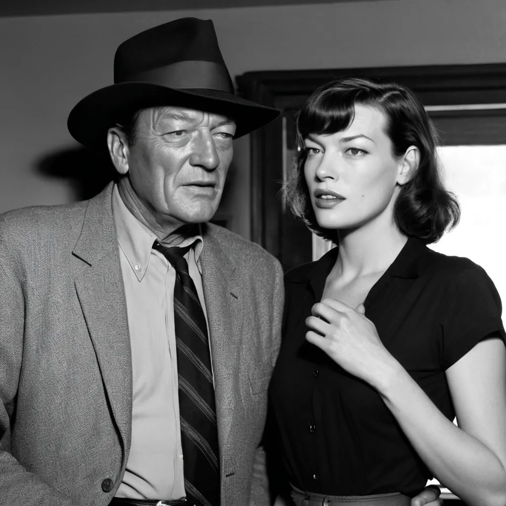 Prompt: milla jovovich and john wayne together film noir detective, darkened office