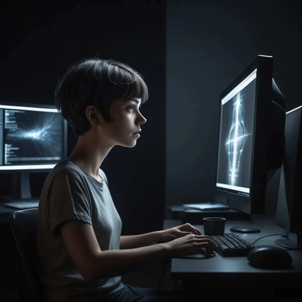 Prompt: a person with short hair sits in front of a computer in a dark room, the only light coming from the monitor. It's hard to tell if the person is a male or female. There is a mysterious air about the scene. He or she is generating AI art.