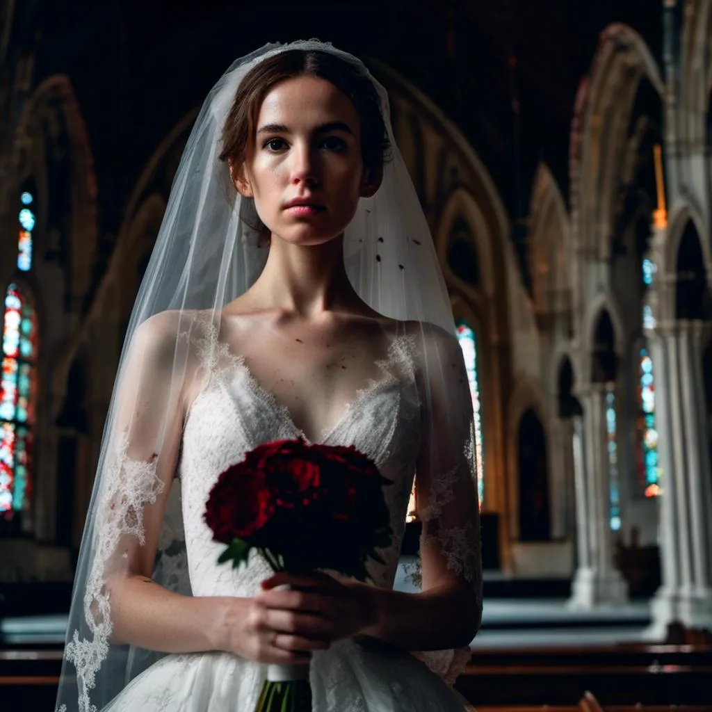 Prompt: <mymodel> young woman in a blood-spattered wedding dress stands in a darkened gothic church. Dark and mysterious atmosphere.