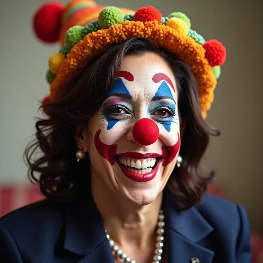 Prompt: Kamala Harris is wearing clown make-up and a funny hat