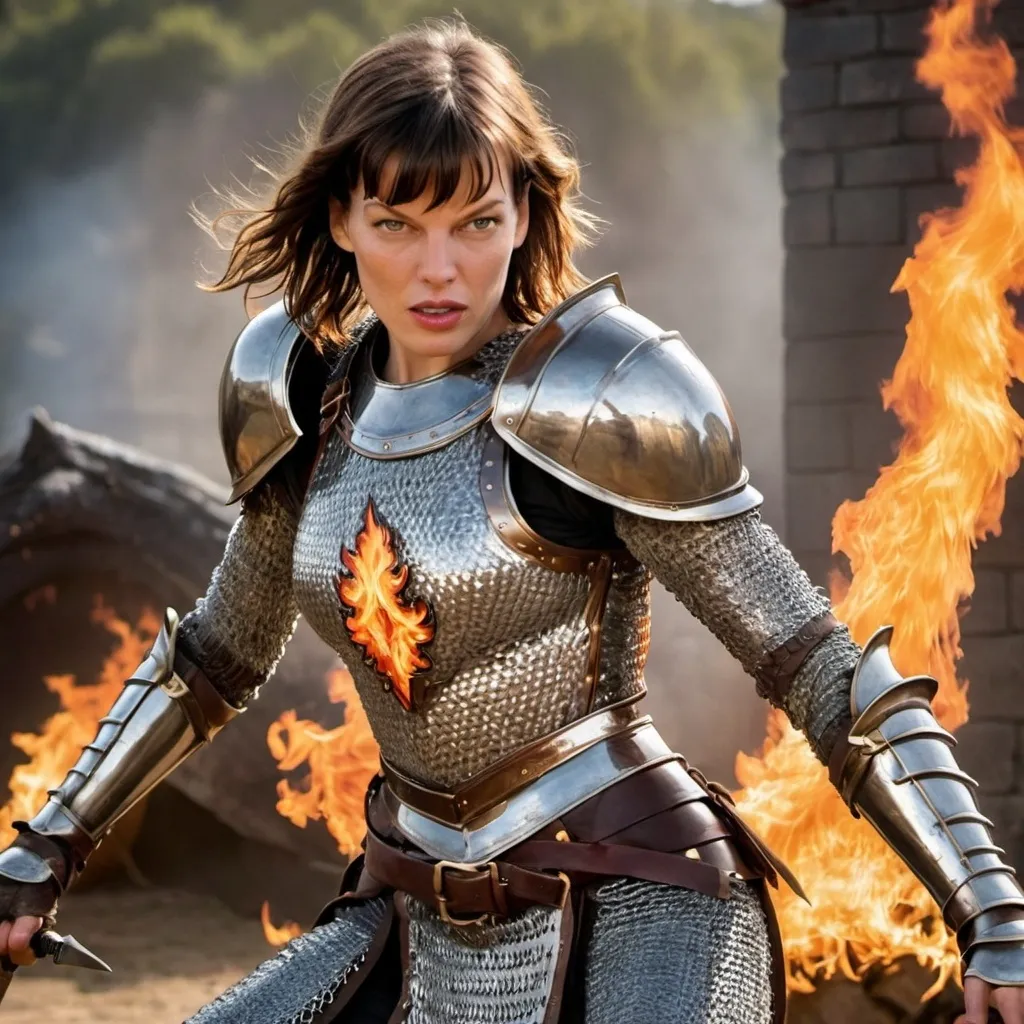 Prompt: Milla Jovovich wearing chainmail armor, flaming sword, fighting monster