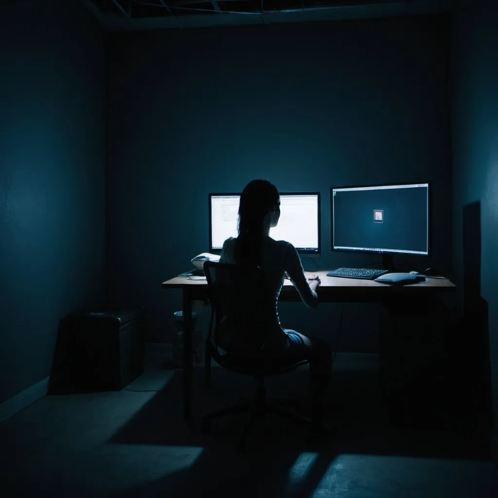 Prompt: a person sits in front of a computer in a dark room, the only light coming from the monitor. It's hard to tell if the person is a male or female, because it is a slender figure. There is a mysterious air about the scene.