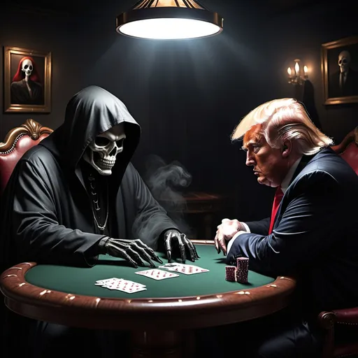 Prompt: Donald Trump and the Grim Reaper are playing poker. The Grim Reaper is a young woman with wild red hair in a large black cloak. The room is dark and the only strong lights are on Donald Trump and the Grim Reaper. Other players at the table are partially hidden in shadows, appearing more likee smoke than human beings..