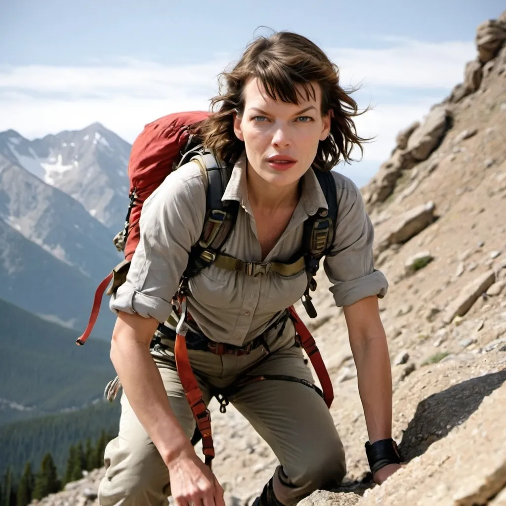 Prompt: milla jovovich mountain climber