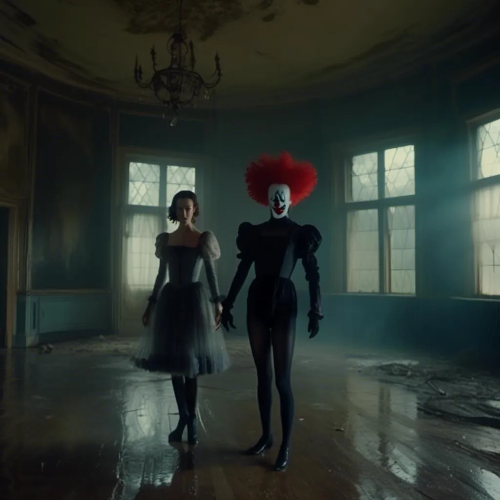 Prompt: <mymodel>couple is waltzing in a dimly lit abandoned ballroom. She is dressed in black tights, flat-heeled thigh-high boots, and a bodystocking. He is Puddles the Clown. A creepy band can be seen playing in the background. a lighting storm rages outside the french doors that line the room.