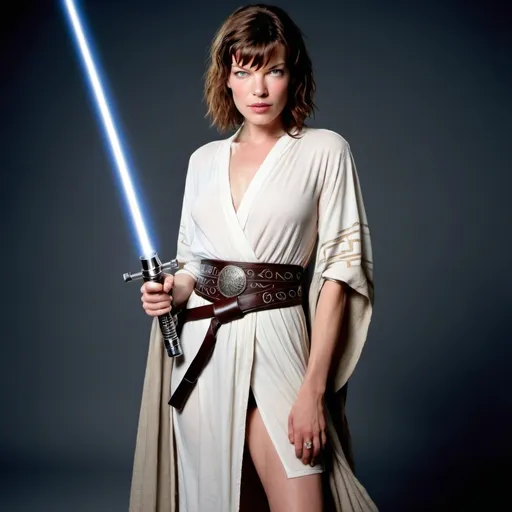 Prompt: Milla Jovovich, robe with runes, boots, light saber