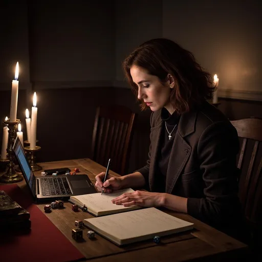 Prompt: Valeska is writing notes on a legal pad while an open laptop computer stands nearby on the desk. She is in a darkened arcane study with candles providing the only llight. Several dice are scattered across the desk.