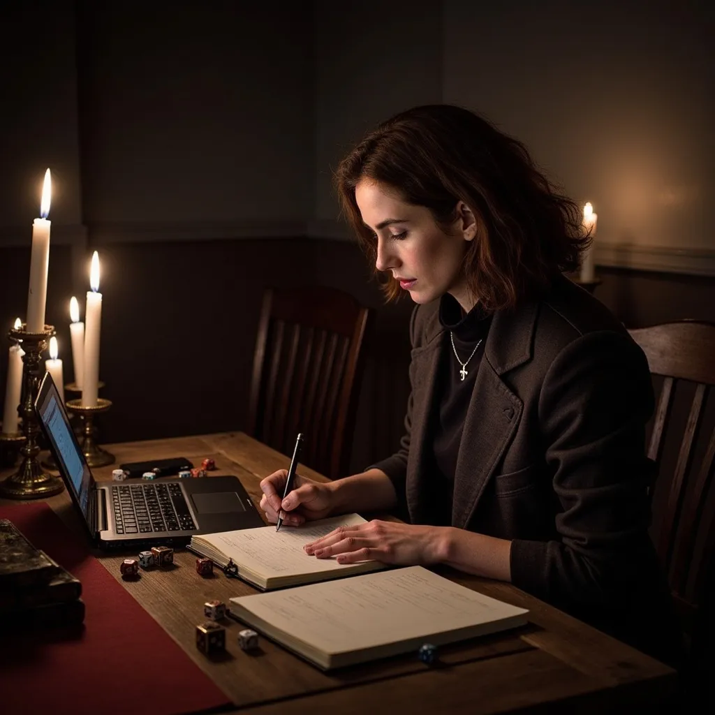 Prompt: Valeska is writing notes on a legal pad while an open laptop computer stands nearby on the desk. She is in a darkened arcane study with candles providing the only llight. Several dice are scattered across the desk.