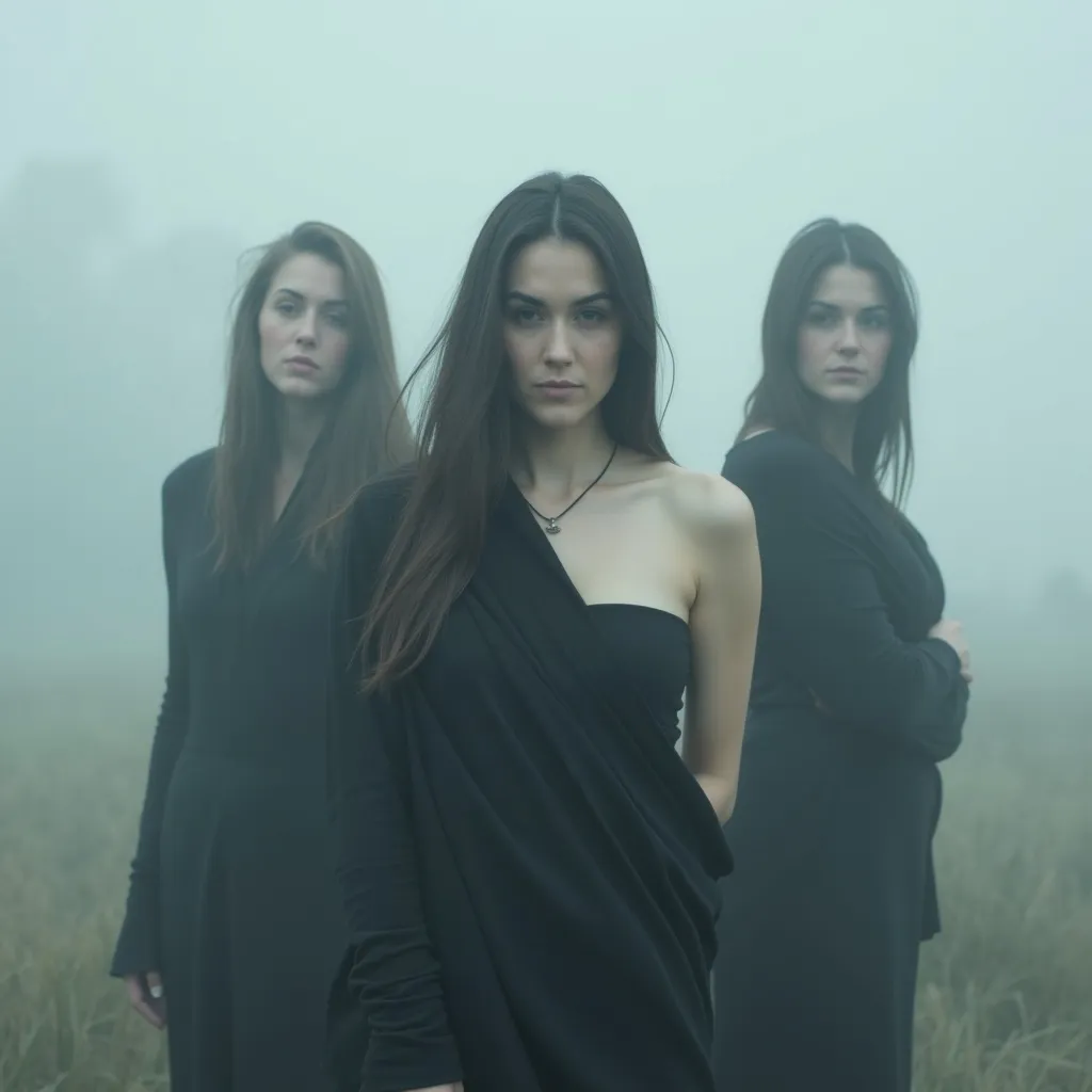 Prompt: Three slender, athletic women are wearing narrow wraps but are mostly hidden in thick, swirling fog and mists