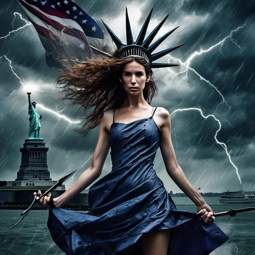 Prompt: <mymodel>(misc-macabre style), (Donald Trump), sword fight, (Statue of Liberty) backdrop, stormy sky, dramatic lighting with lightning streaks, dark color scheme, intense atmosphere, turbulent clouds, fierce expressions, cinematic composition, high detail, (ultra-detailed), (dynamic action), dark tones of blue and grey, electric contrasts.