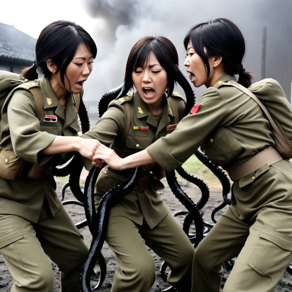 Prompt: thin lesbian Japanese soldiers scared while touched by smokey black tentacles