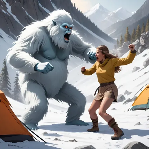 Prompt: Yeti fighting young women in mountain camp