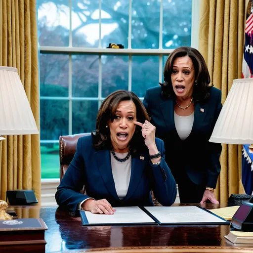 Prompt: Kamala Harris is  at the desk in the Oval office. Donald Trump is outside the window behind her, pushing his face against the glass while yelling.