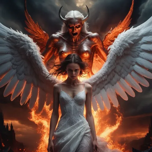 Prompt: A thin young woman in Hell is embraced by an angel with large white feathery wings as an angry demon looms overhead in the flame-filled, stormy sky. (ominous demon looming), deep dark color scheme, intricate details in background, ethereal lighting accents, capturing a mysterious tension, (4K, ultra-detailed), haunting atmosphere that evokes intrigue and fascination.