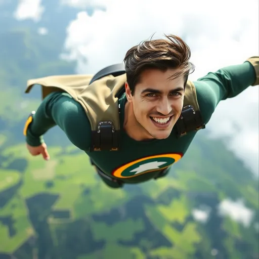 Prompt: He is a handsome man with dark hair and tanned skin. He is dressed in a dark green superhero outfit with a large rainbow-colored icon on his chest. He is flying through the sky, high above the green valleys of Ireland.