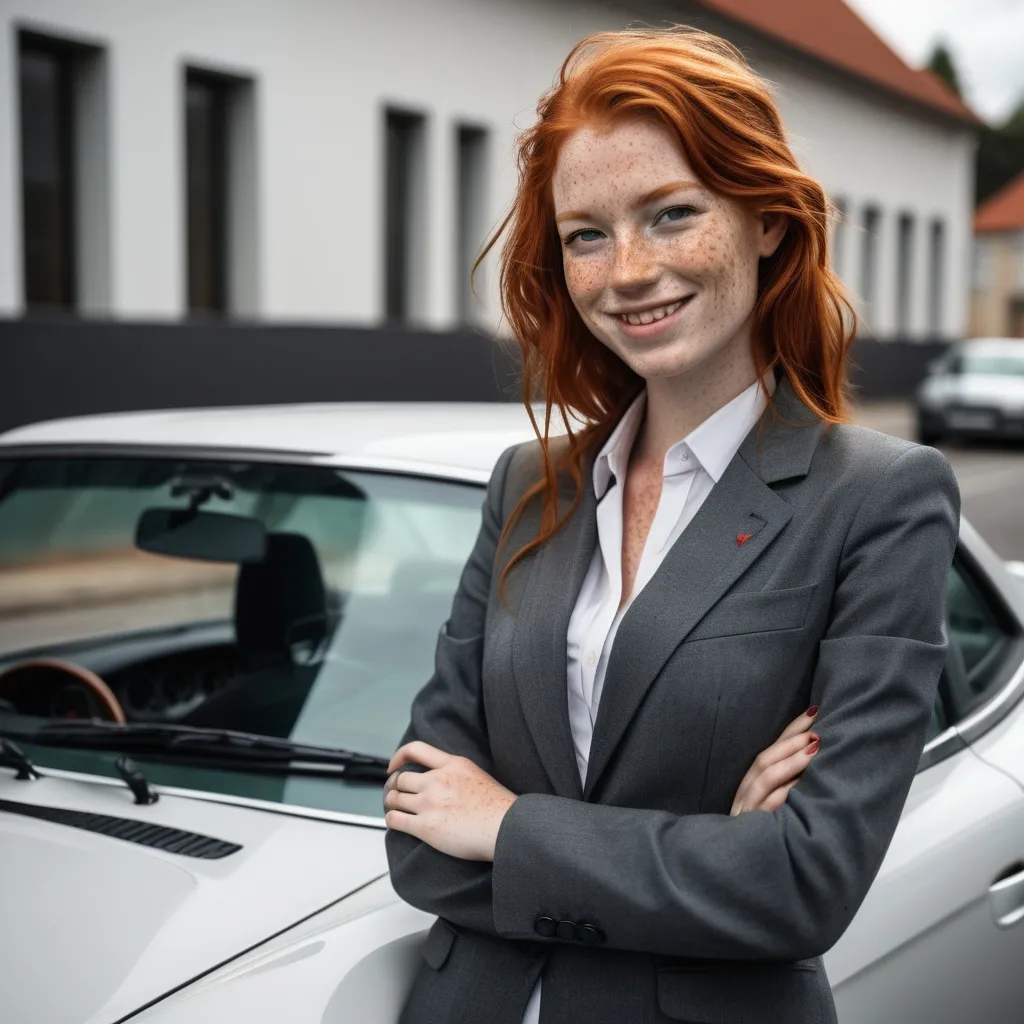 Prompt:  a slender young woman with wild red hair and lots of freckles all over her body. She is the new 007, wearing a business suit and leaning against a Porche, smiling slightly.