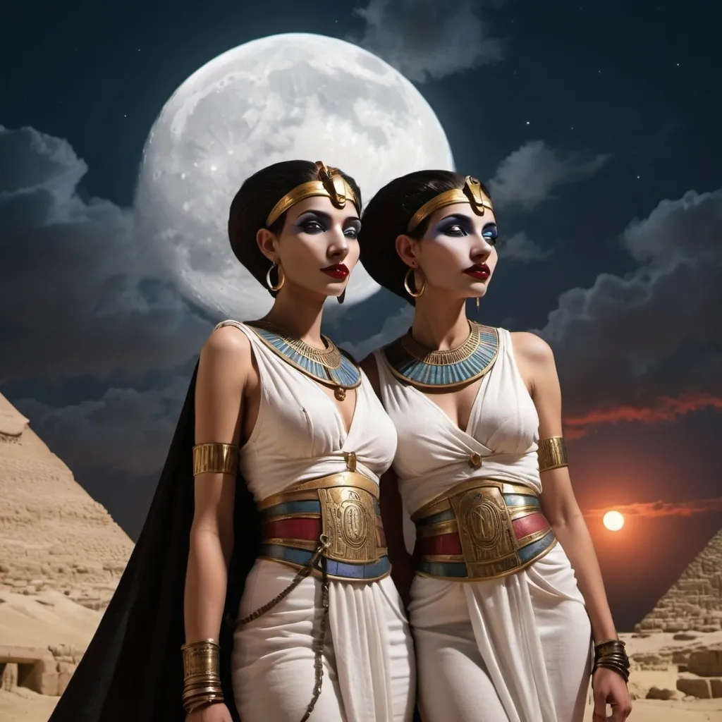 Prompt: lesbian vampires, ancient egyptian, moon behind clouds