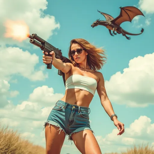 Prompt: Valeska is wearing a small tube top, cutoff jeans shorts, and shooting a large gun. A dragon swoops through the sky overhead.