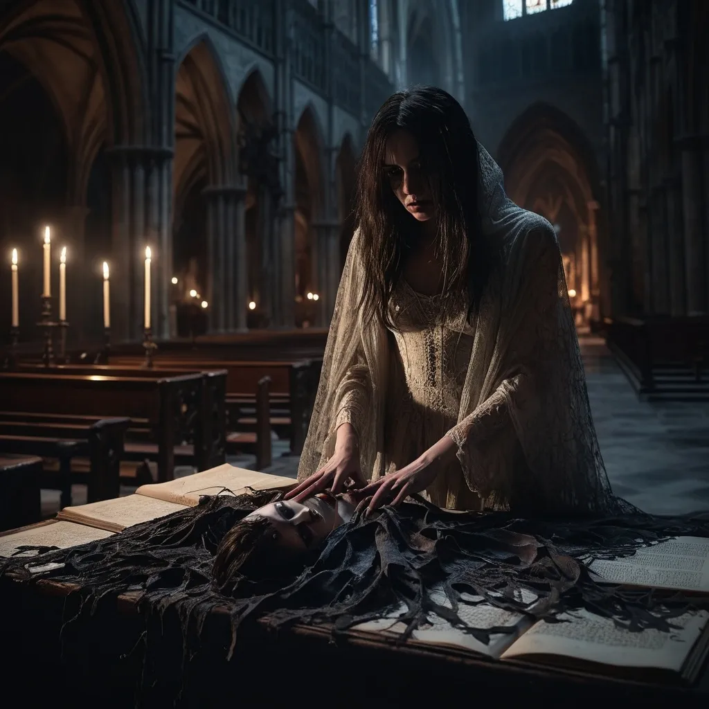 Prompt: (misc-macabre scene), thin young woman wearing shreds of clothing  is fondled by a demon in a cathedral shrouded in shadows, (eerie ambiance), evil spellbook beside her, (ominous demon looming), deep dark color scheme with muted tones, intricate details in background, ethereal lighting accents, capturing a mysterious tension, (4K, ultra-detailed), haunting atmosphere that evokes intrigue and fascination.