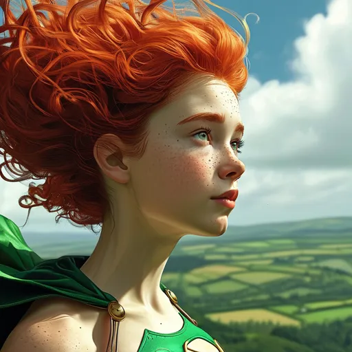 Prompt: She is a slender young woman with wild red hair and lots of freckles all over her body. She is superhero Irish Spring. She has a silhoutte of a shamrock on her chest. She is flying through the sky, high above the green valleys of Ireland.