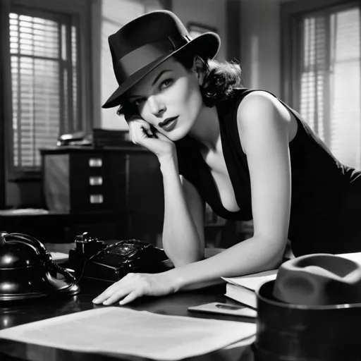 Prompt: milla jovovich meets bela lugosi, film noir detective, wearing fedora, darkened office, laying on desk