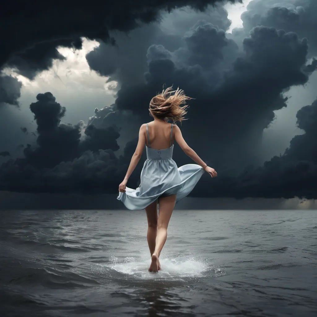 Prompt: She is walking on water under a stormy sky.