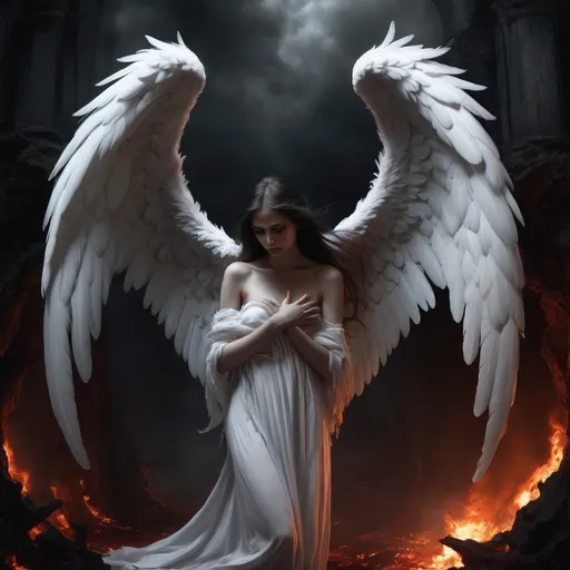 Prompt: (misc-macabre style), a thin young female angel with (gigantic white feathery wings), embracing one of the damned in (Hell), dark color scheme with deep shadows, eerie ambiance, dramatic contrasts, high detail, a surreal landscape of fiery backgrounds and tortured souls, captivating emotions of despair and compassion, ultra-detailed, inviting melancholic reflections.