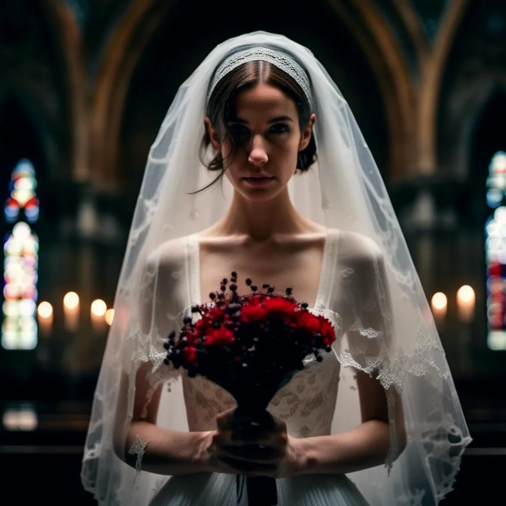 Prompt: <mymodel>woman in a veil and a  blood-spattered wedding gown stands in a darkened gothic church with a demonic priest. Dark and mysterious atmosphere.