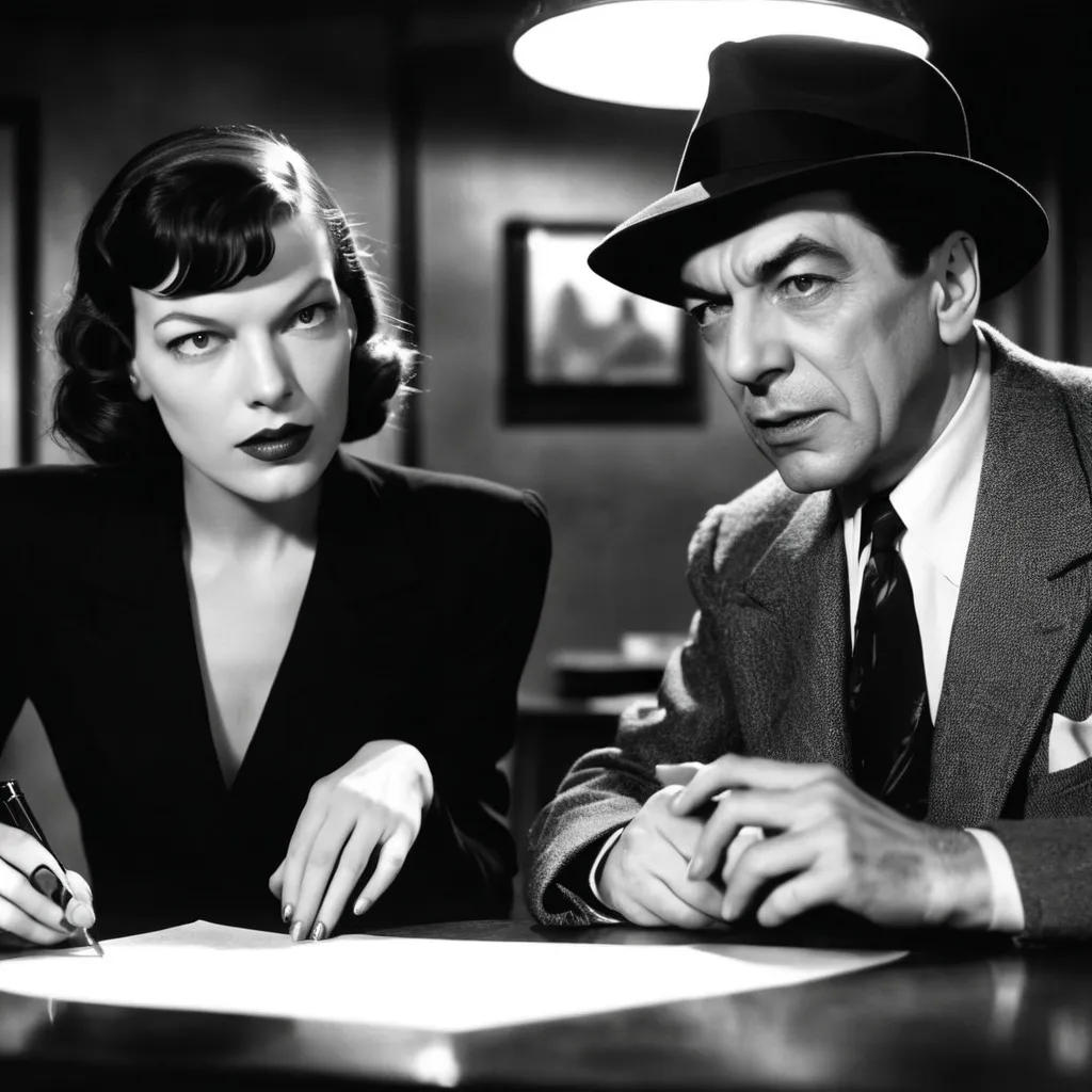 Prompt: milla jovovich and bela lugosi together film noir detective, darkened office