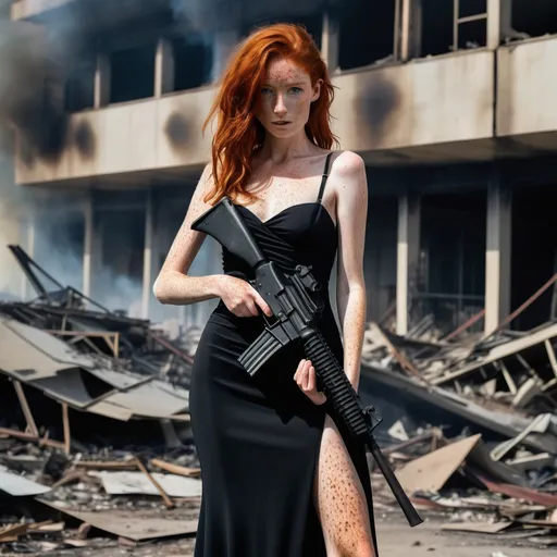 Prompt:  a slender young woman with wild red hair and lots of freckles all over her body. She is the new 007, and she is wearing a slinky evening gown and carrying a large assault rifle from a burning building.