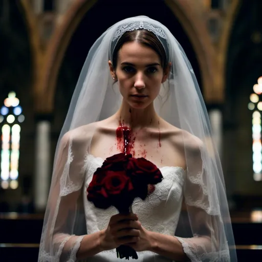 Prompt: <mymodel>woman in a veil and a  blood-spattered wedding gown stands in a darkened gothic church with a demonic priest. Dark and mysterious atmosphere.