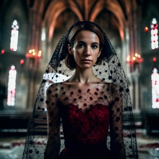 Prompt: <mymodel>woman in a veil and a  blood-spattered wedding gown stands in a darkened gothic church before a demonic priest. Dark and mysterious atmosphere.